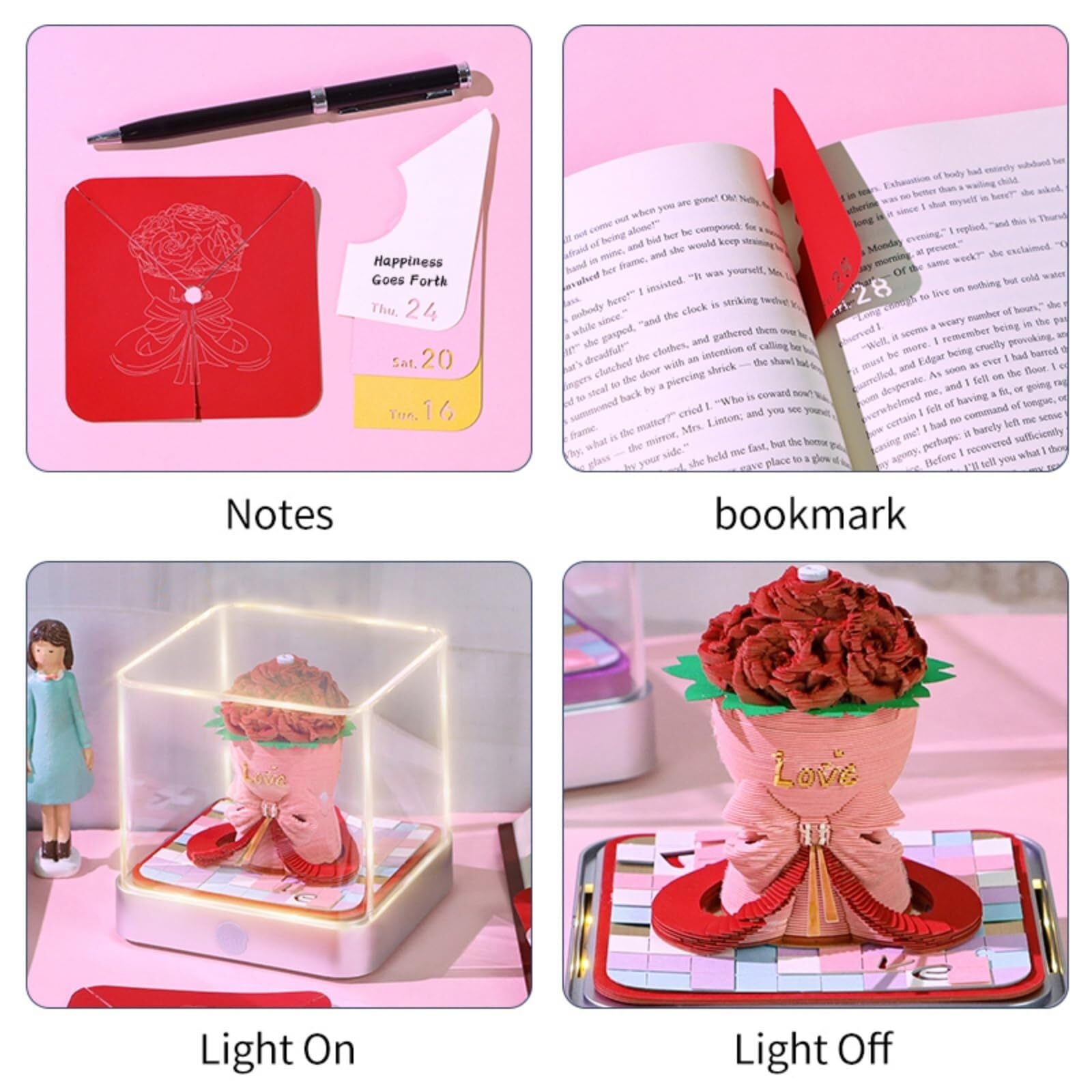 Monatlicher Tischkalender Kalender 2026, Schreibtisch-Notizblock mit 3D-Katzenmotiv aus Papier, Geschenkidee Rezeptionisten-Zubehör(Rose Flower-B,Without Light)