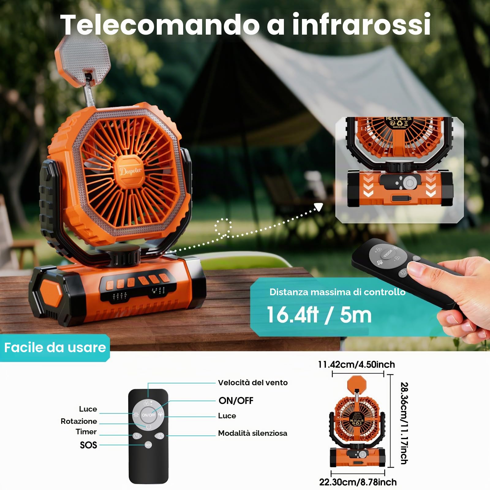Ventilatore Campeggio 20000mAh con Luce LED, Ventilatore Portatile Ricaricabile con Gancio e Telecomando, Ventilatore USB Scrivania per Esterno Tenda Spiaggia Allaperto - Arancione