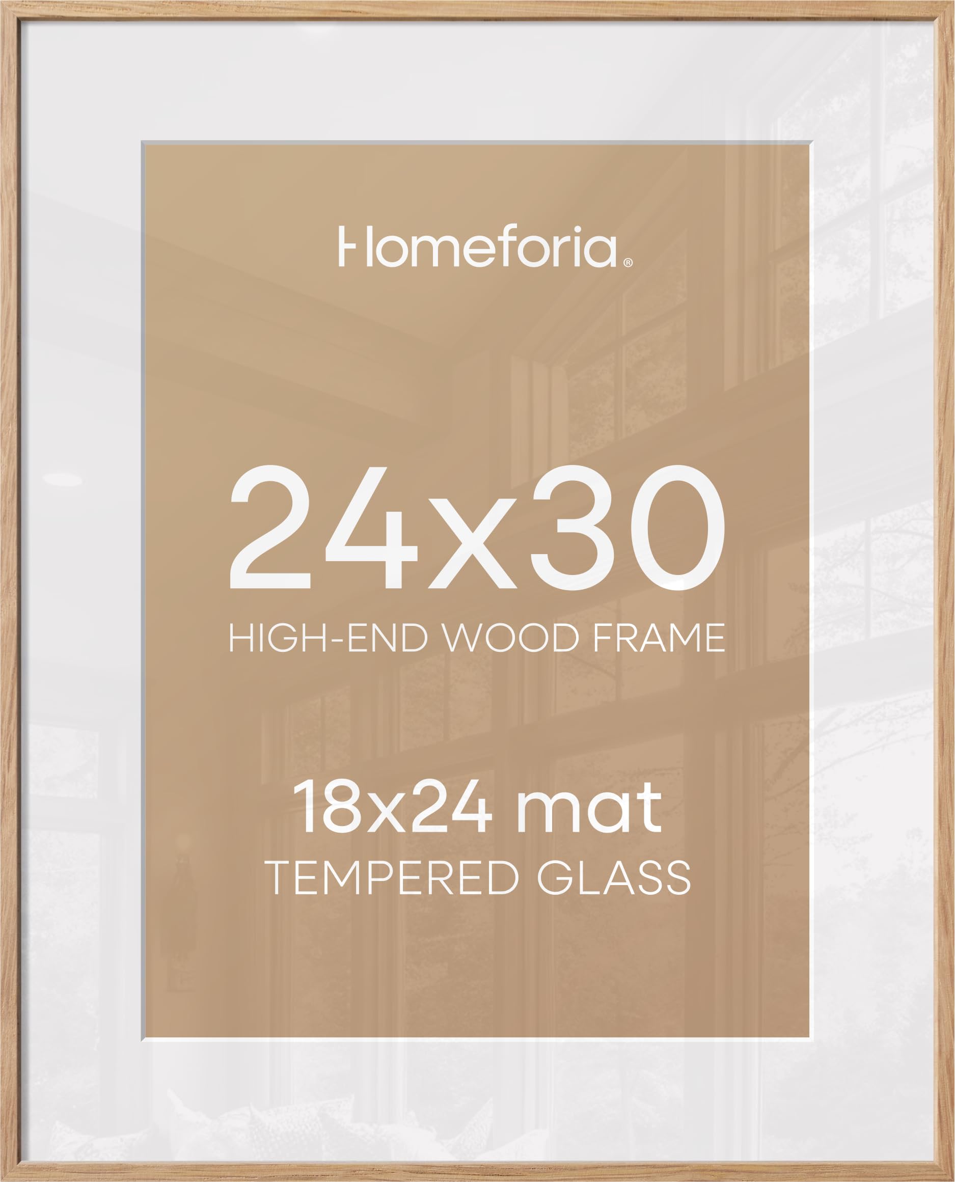 Homeforia 24x30 Picture Frame Wood, High End Natural Oak 24 x 30 Frame with Mat 18 by 24, 24x30 Light Wooden Poster Frames Matted to 18x24 Photo, 30by24 Large Frame, Tempered Glass, Wall Kit, Set of 1