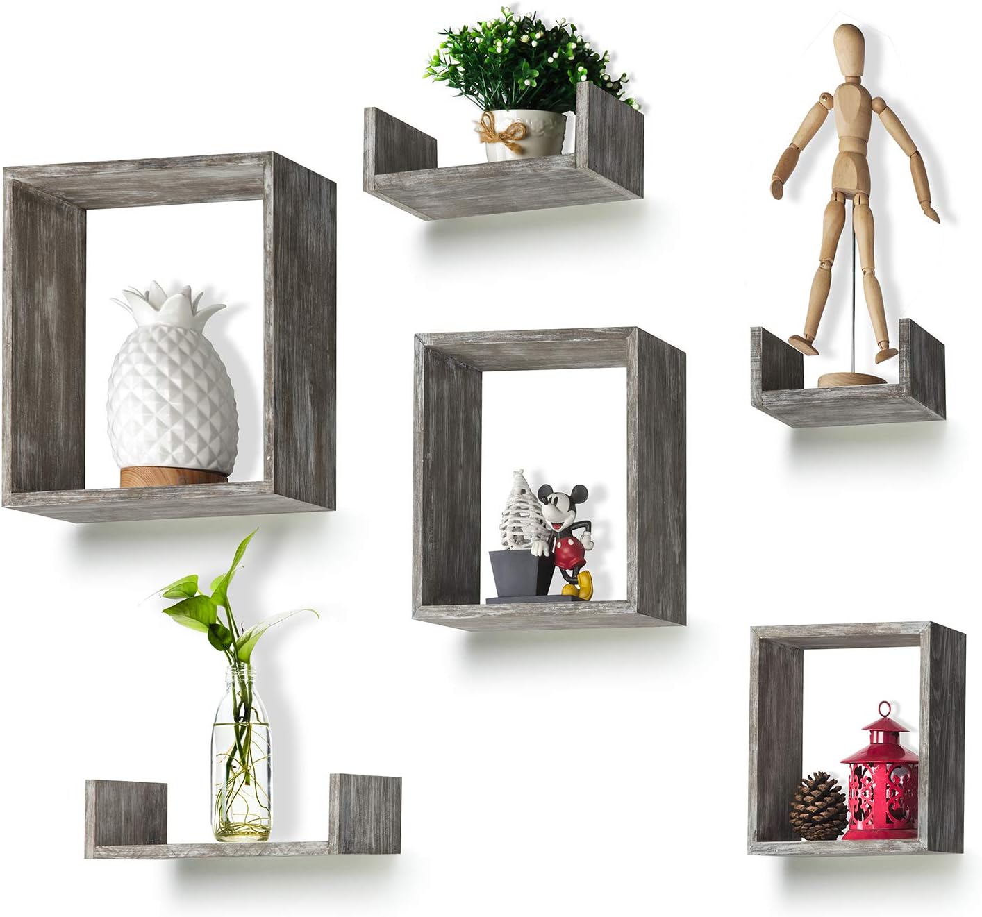 RR ROUND RICH DESIGN Floating Shelves Set of 6 - Rustic Wood Wall Shelves with 3 Square Boxes and 3 Small U Shelves for Free Grouping Driftwood Finish