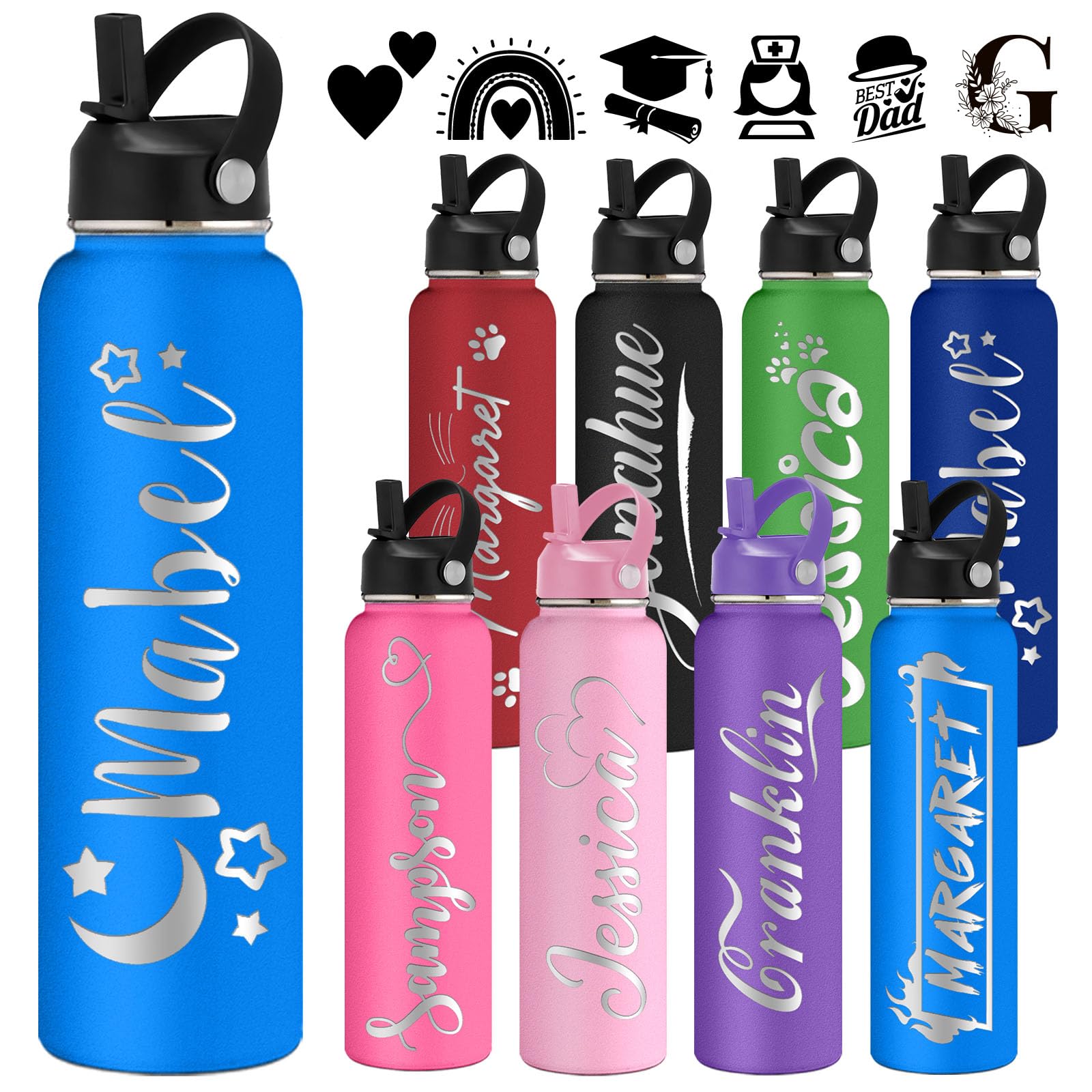 Bllkloruek Custom Water Bottle Personalized for Kids Adults Name Engraved Customized Insulated Water Bottles with Straw Lid - 12/18/24/32/40 Oz