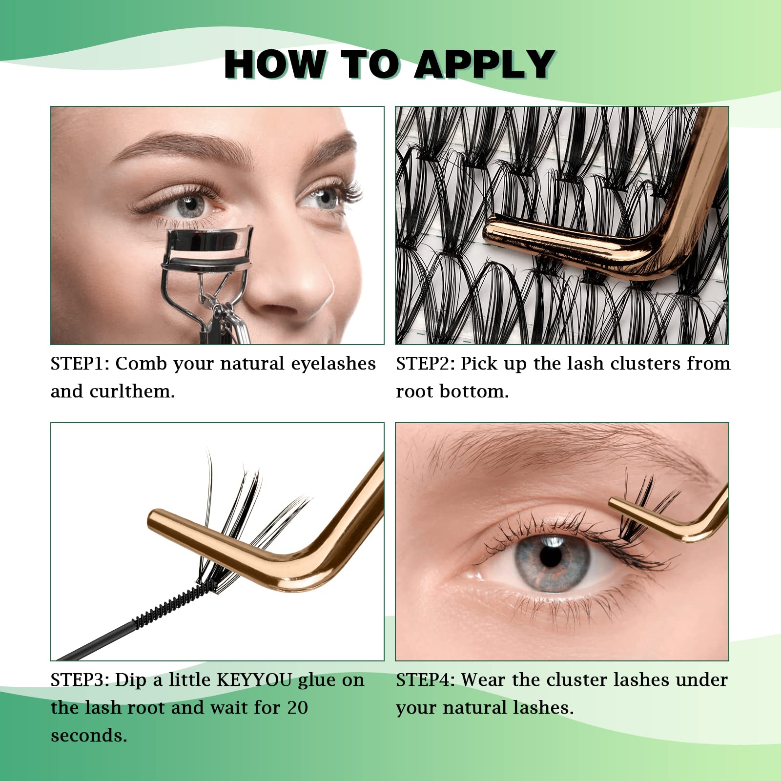 KEYYOU Wimpern Extensions 300pcs Cluster Lashes 30D D Curl 14mm Einzelne Wimpern Volume Natürlich Sanft Wimpernverlängerung（30D-D-14）