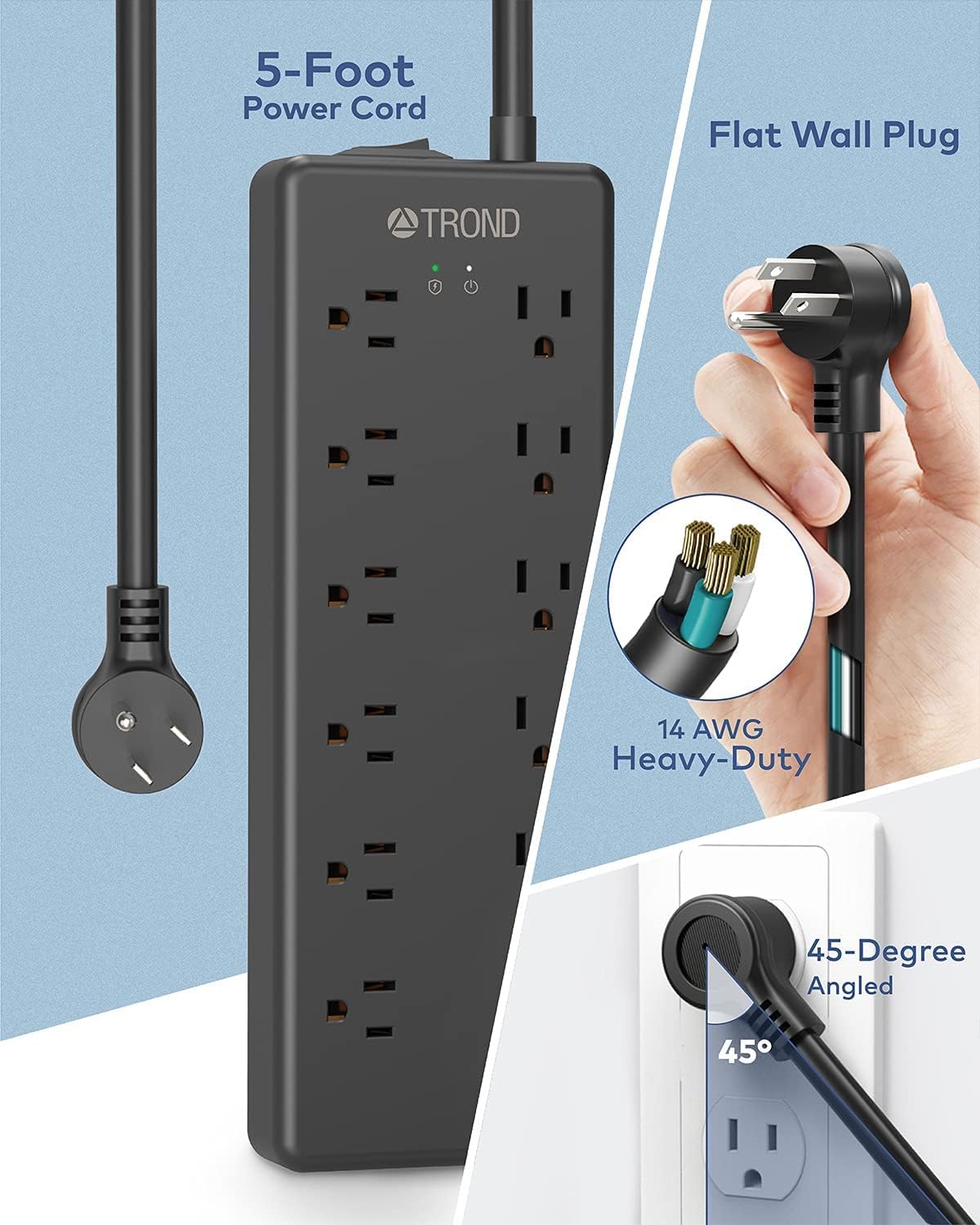 Surge Protector Power Strip, TROND Flat Plug Power Strip with 12 Widely-Spaced AC Outlets and 4 USB Ports, 5ft Heavy Duty Extension Cord, Mountable, 4000J, ETL Listed, for Home Office Garage, Black