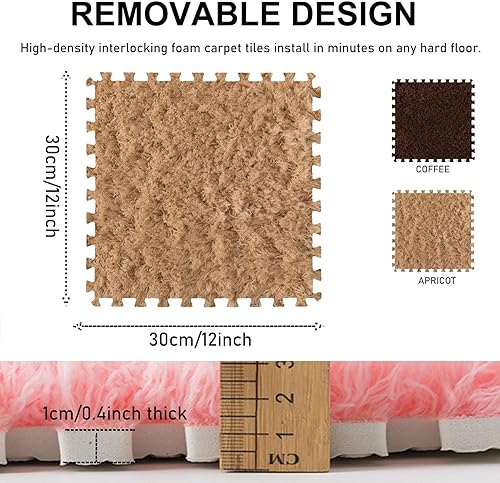 Vista 44 de Tapete de espuma de felpa gruesa que se entrelaza, 24 piezas de 12 x 12 pulgadas, tapetes cuadrados esponjosos de espuma con bordes, alfombra