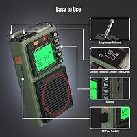 Raddy RF75A Hordozható Rádió APP Vezérléssel - AM/FM/VHF/SW Vevő Bluetooth Funkcióval, Újratölthető Zsebrádiós 3M Antennával 9