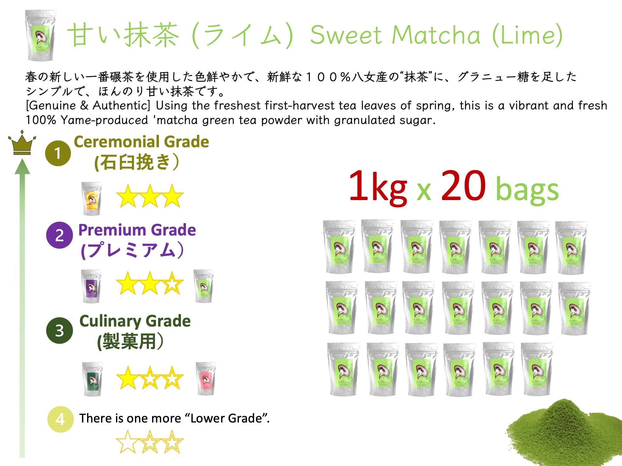 20kg 1kg x 20bags Premium Grade Sweet matcha Sweetened Japanese matcha green tea powder for latte sweets souvenir — view 3