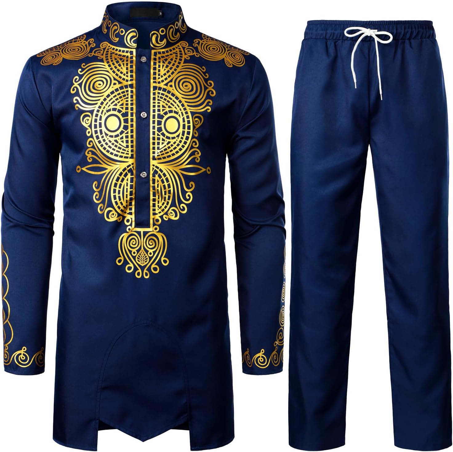 ZEROYAA Men's Africa Suit Long Sleeve Print Dashiki and Pants Outfit Traditional 2 Piece Set