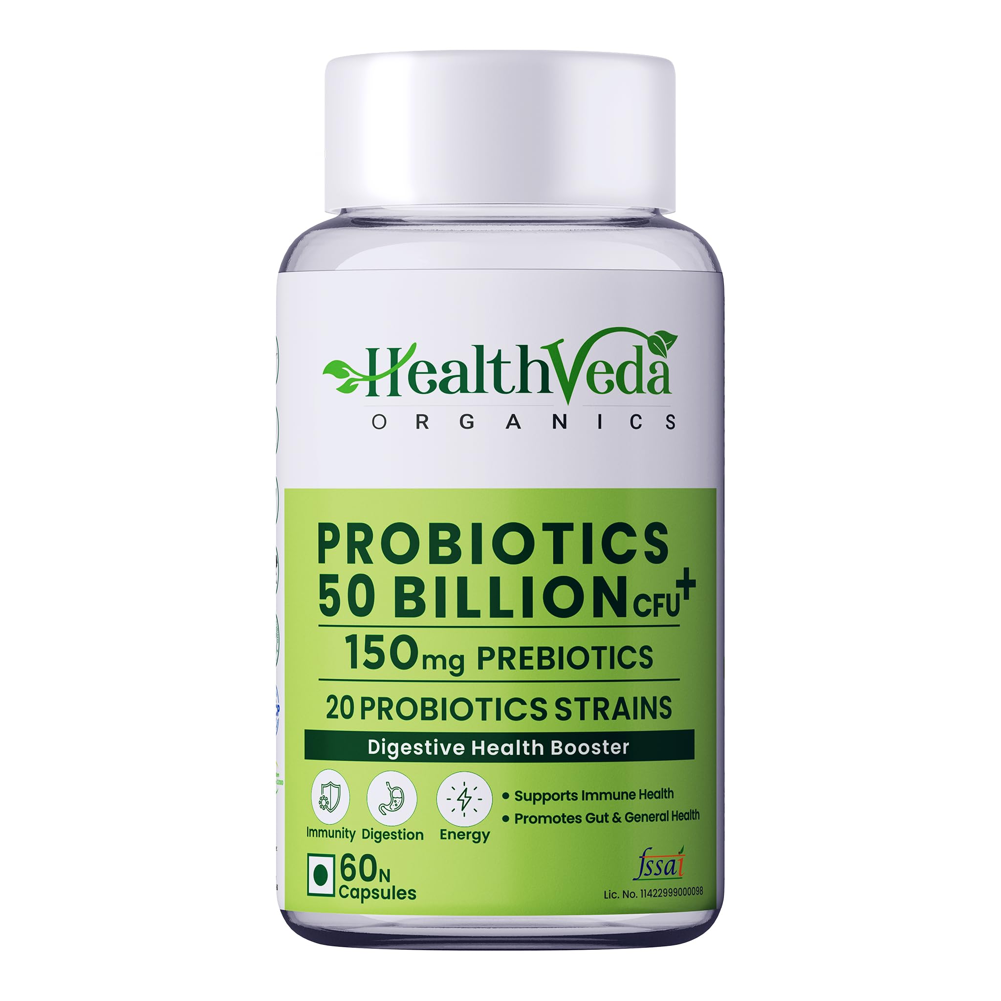 Health Veda Organics Probiotics 50 Billion CFU – Daily Gut, Digestion & Immunity Support – for Men & Women – 60 Veg Capsules