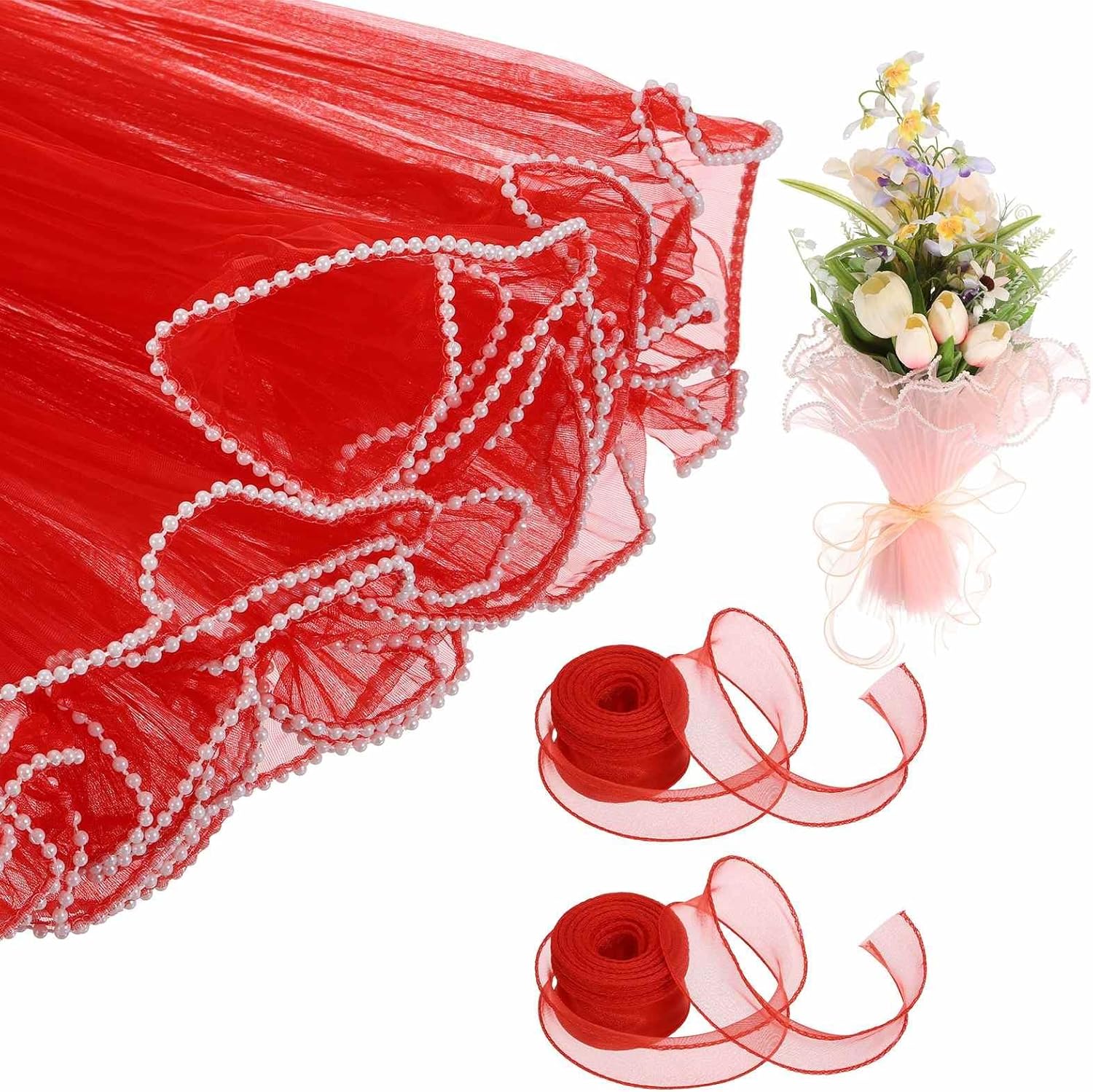 MECCANIXITY 2 Pcs 4 Yards Flower Wrapping Mesh Paper Pearl Edge Bouquet Floral Packaging Paper with Organza Ribbon for Valentine's Day Wedding Birthday Florist Supplies, Bright Red