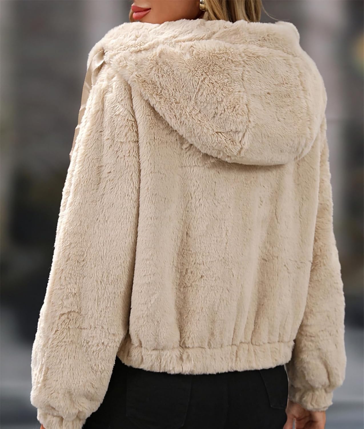 Women's Faux Fur Crop Coat Full Zip Fleece Sherpa Jacket with Hood - Image 5