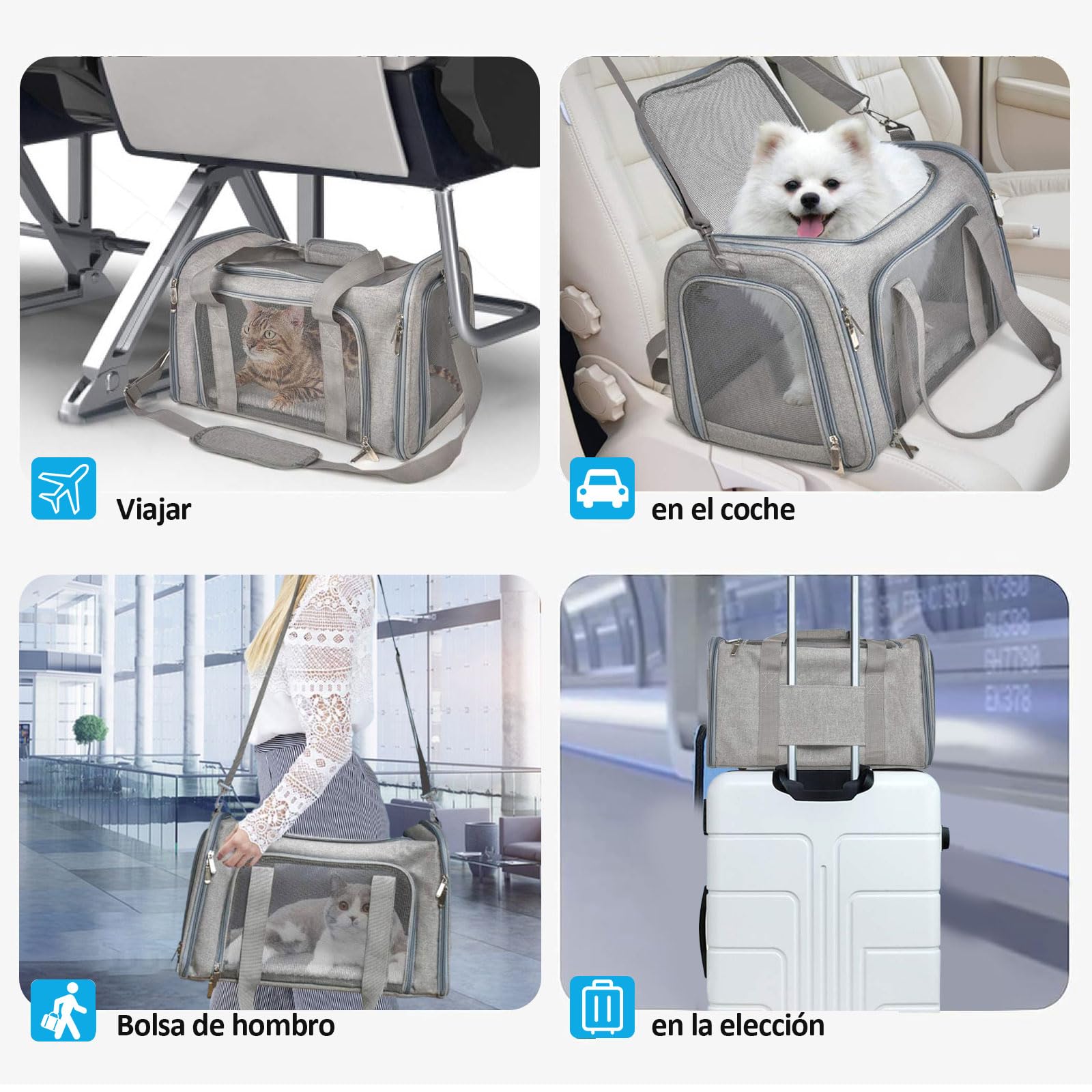 Transportín para Perros Bolsa, Bolsa Transporte Transpirable para Mascotas, Correa de Hombro Ajustable y Colchón Suave, Soporta 8 kg, Transportin Animal (Gris, L 43 x W 28 x H 28 cm)