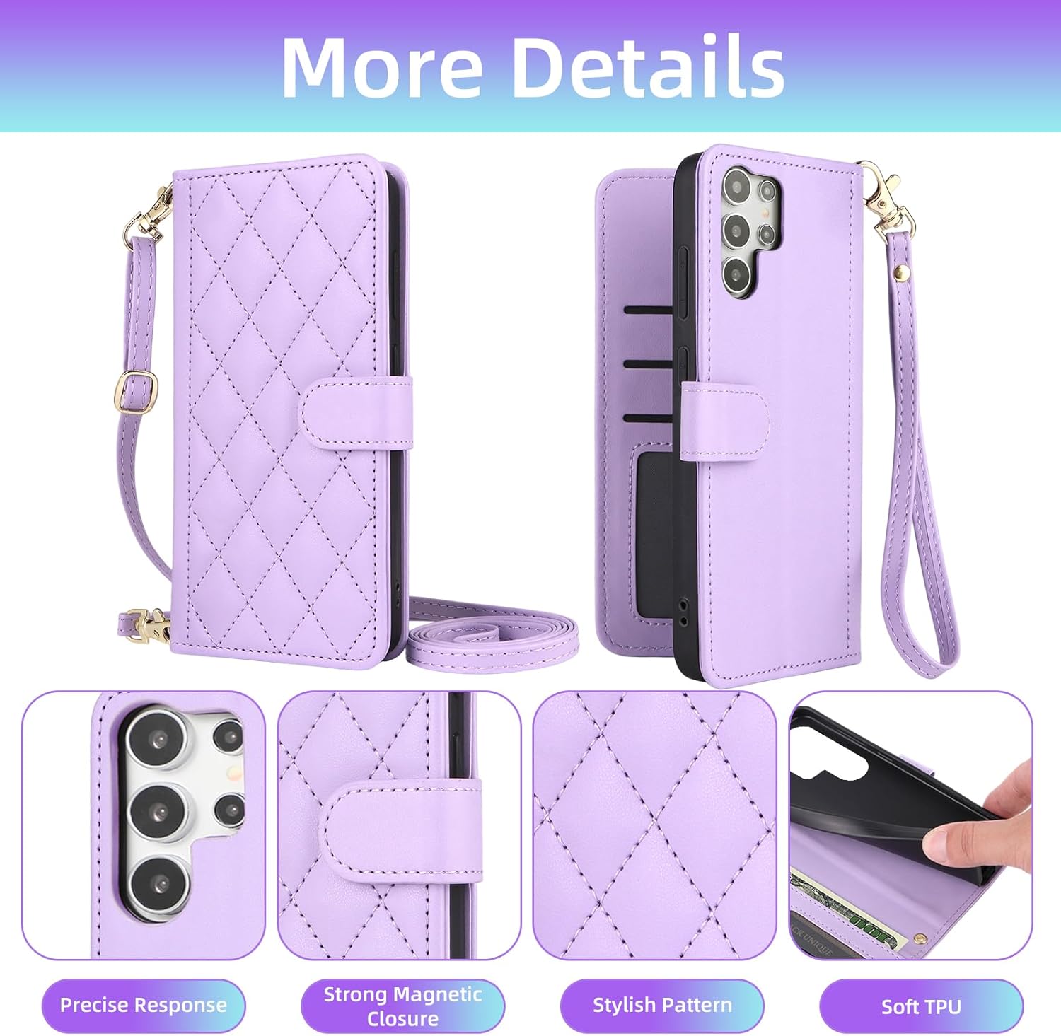 Furiet Argyle Wallet Case for Samsung Galaxy S25 Ultra 5G with Wrist Strap Shoulder Strap, Card Slots Folio Purse, Luxury PU Leather Stand Phone Cover for S25Ultra 25S S 25 25Ultra Women Men Purple - Image 4