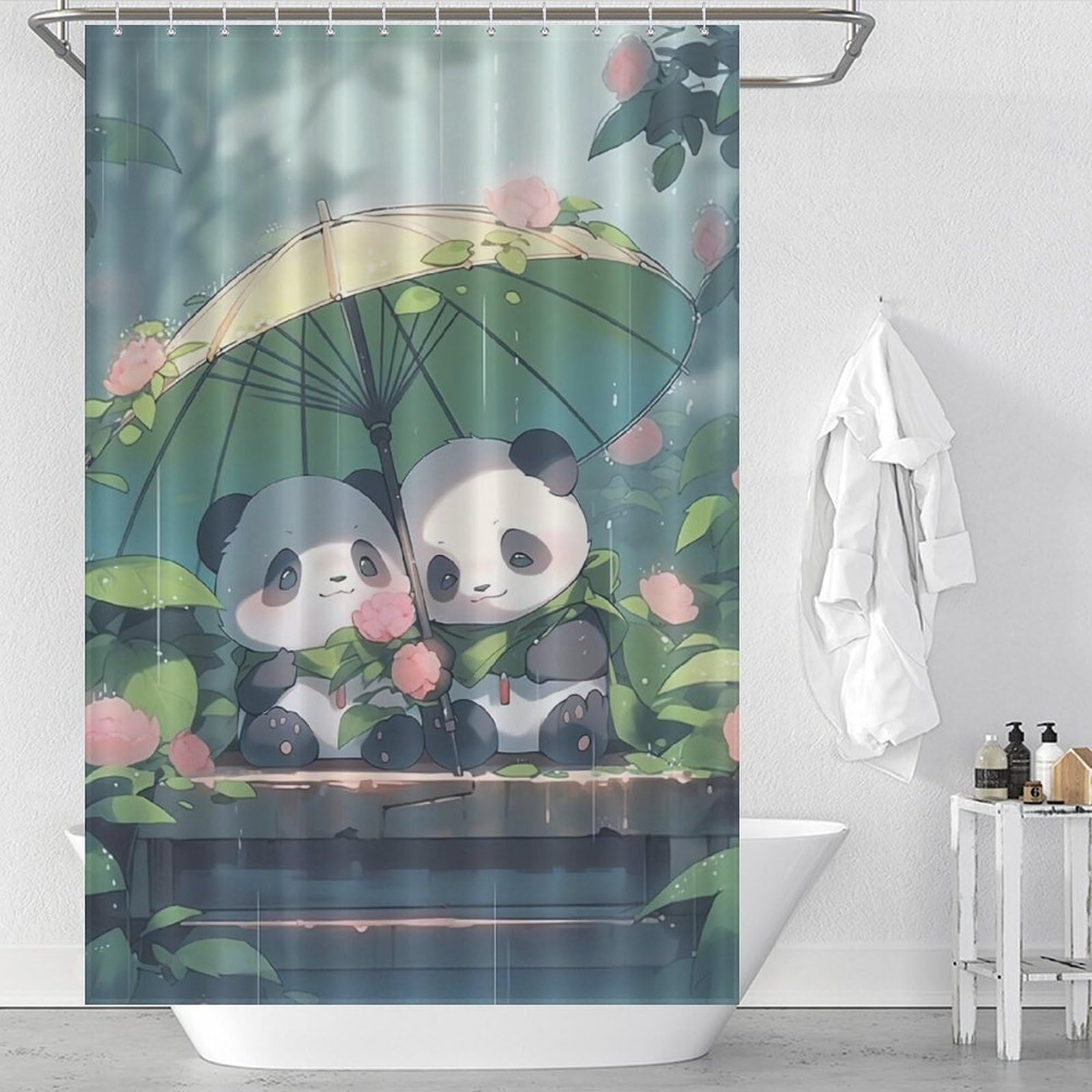 Rideau de douche anti-éclaboussures panda en tissu lavable polyester 122x183cm
