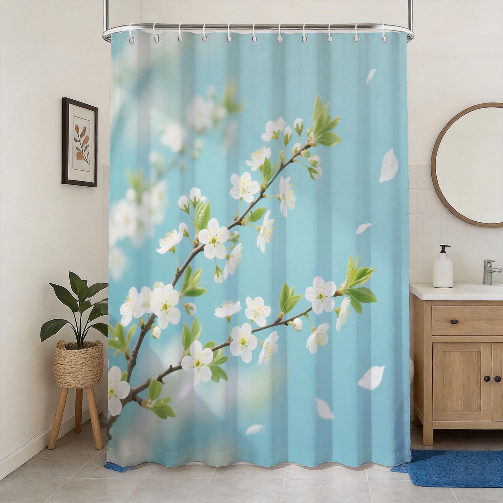 Rideau de douche 180x180 fleur de poirier blanche en tissu polyester imperméable