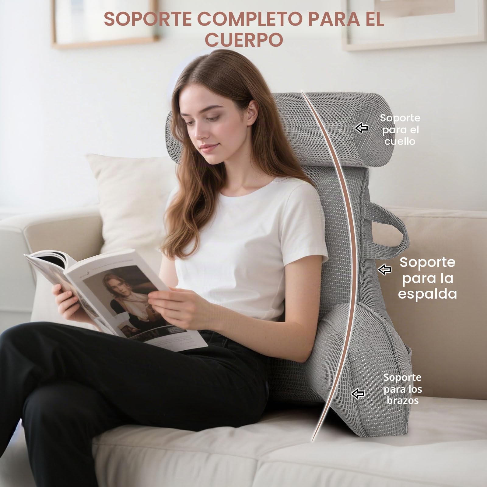MINGPINHUIUS Cojín lumbar, cojín de lectura para cama y sofá con cojín cervical extraíble, cojín lumbar grande con apoyabrazos, ideal como soporte lumbar para leer, ver televisión, descansar, trabajar
