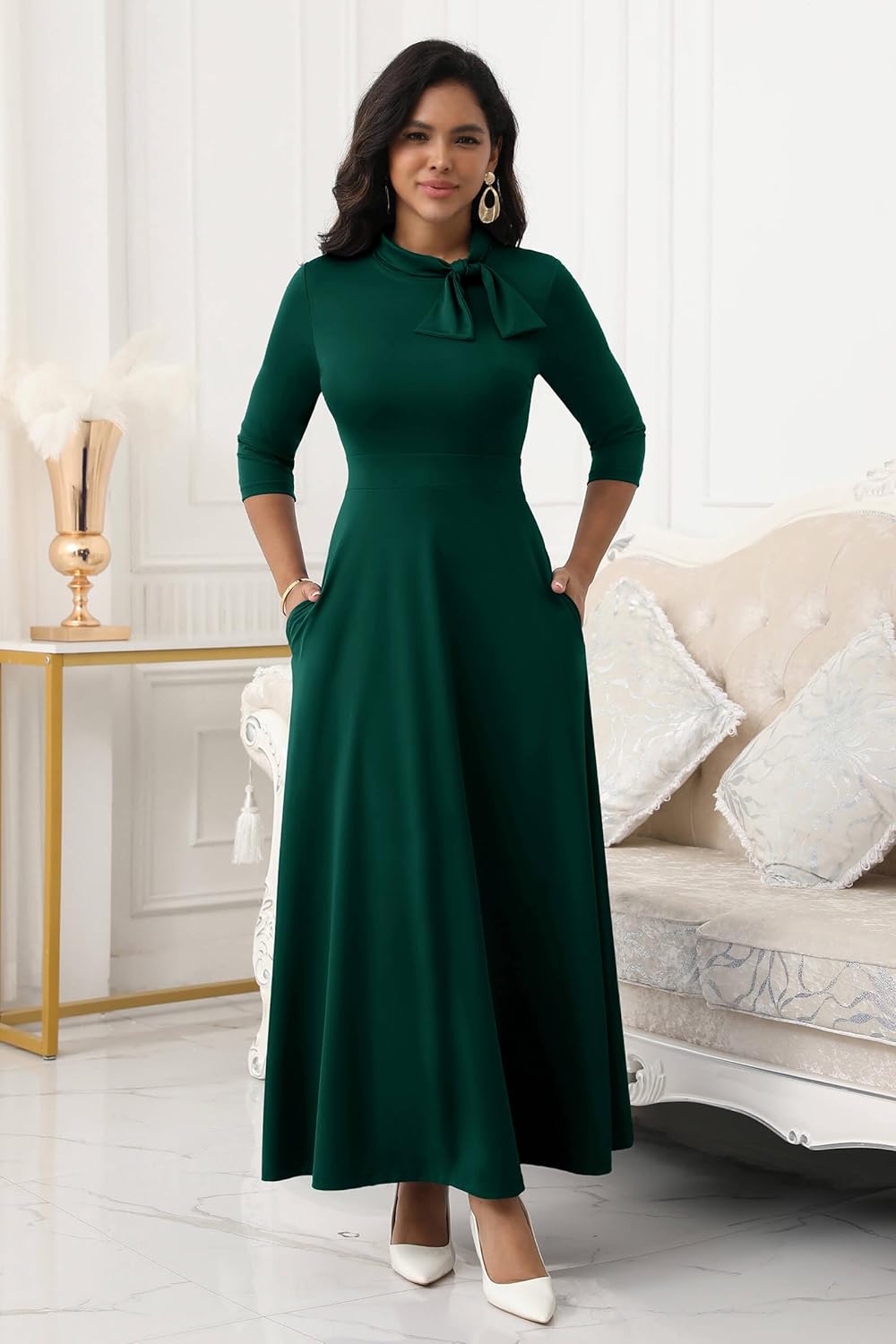 FANDEE Maxi Dress for Women Long Elegant 3/4 Sleeve Empire Waist Bow Tie Neck Casual Church Dresses with Pockets - Image 4
