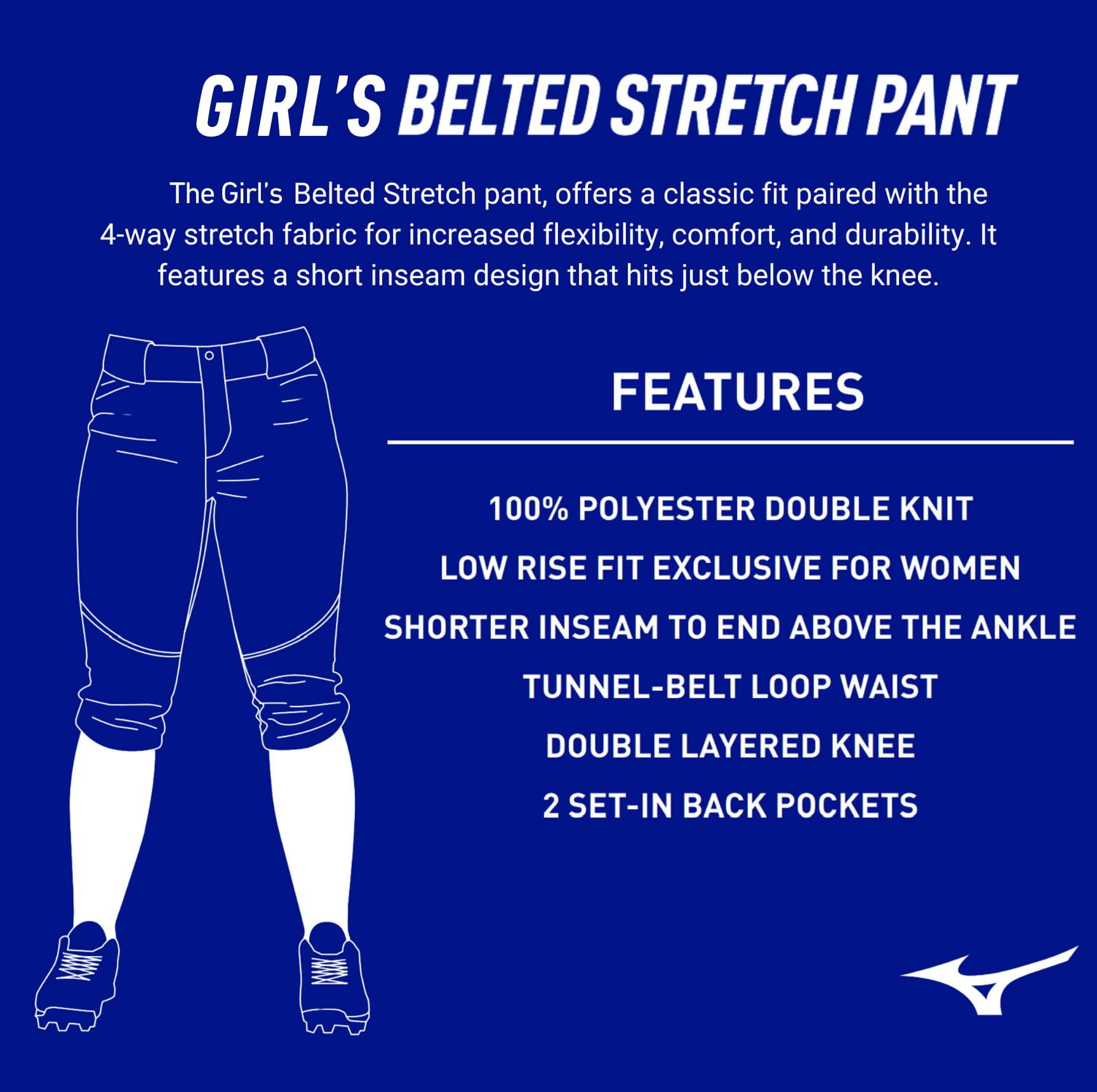 Mizuno Mizuno Girl's Belted Stretch Softball Pant - Spodnie softball Dziewczynki