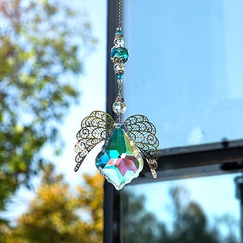 Miniatura 9 de HDCRYSTALGIFTS Atrapasoles de ángel guardián de cristal de 14 pulgadas, prismas de cristal arcoíris, para el hogar, ventana, jardín, decoración