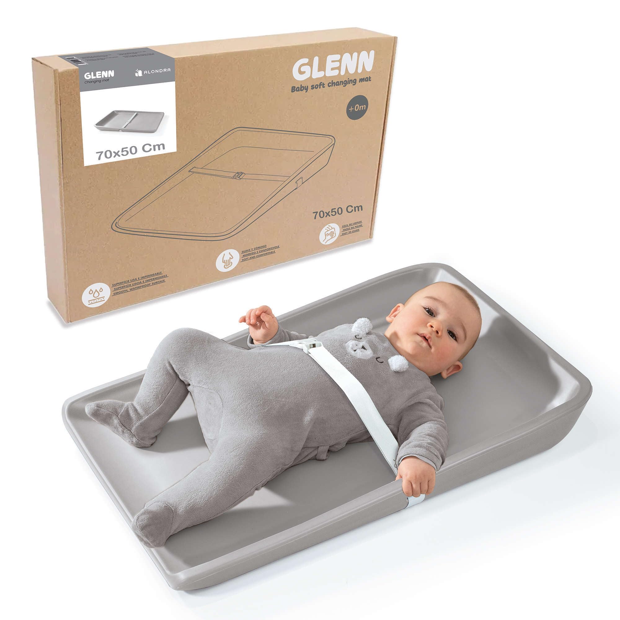 Cambiador Bebe Silicona 50x70 Gris Glenn. Colchoneta con Arnés Seguridad. Colchón espuma 70x50 para Mueble Cambiador Bebe. Muda Fraldas. Alondra