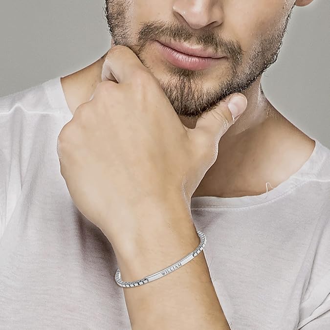 LeCalla Personalized Customised Engraved Name Men's Curb Link ID Bracelet in 925 Sterling Silver Personalized Custom Birthday Christmas Fathers Day Jewelry Gift for Him Dad Husband