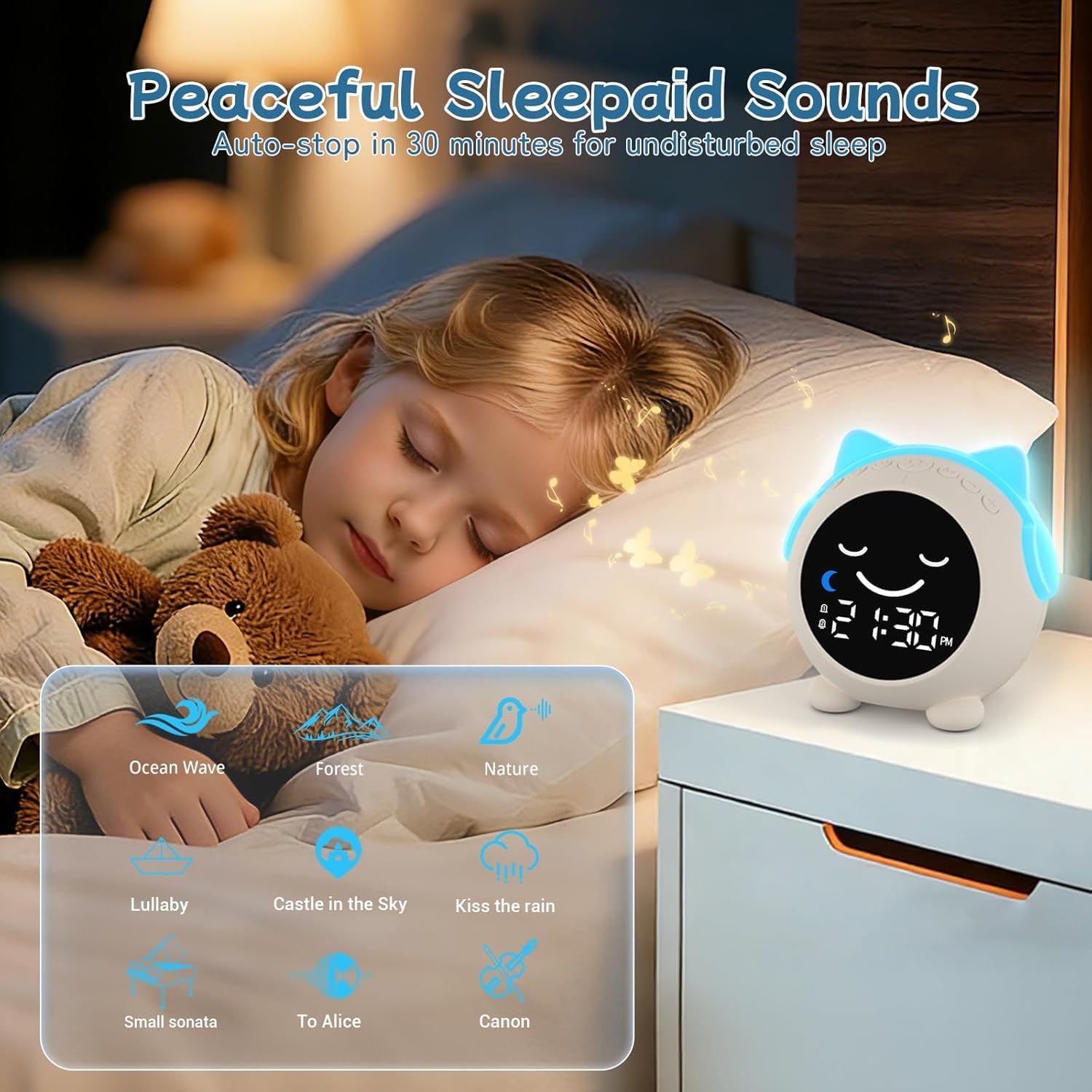 Reloj de entrenamiento para dormir para niños, reloj despertador para niños, reproductor de música Bluetooth y reloj digital, máquina de sonido para dormir para dormitorio de niños, reloj