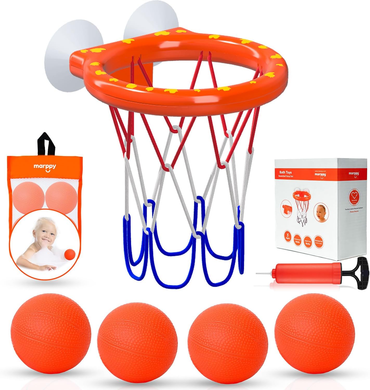 Bath Toys – Bathtub Basketball Hoop for Toddlers, Kids, Boys and Girls | 4 No-Hole Balls & Strong Suction Cups | Fun Basketball Bath Toy for Toddlers