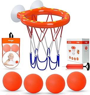 Bath Toys – Bathtub Basketball Hoop for Toddlers, Kids, Boys and Girls | 4 No-Hole Balls & Strong Suction Cups | Fun Basketball Bath Toy for Toddlers