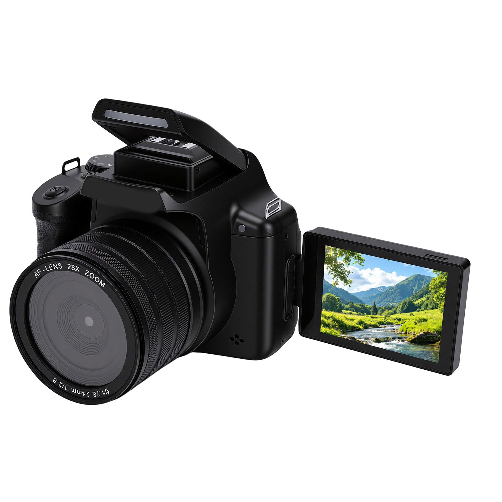 Tosuny Fotocamera digitale con mirino all'altezza dei fianchi, 68 MP, 4K, fotocamera vlogging con zoom 28x, schermo pieghevole da 2,8", mozzella per modalità DSLR e flash per principianti