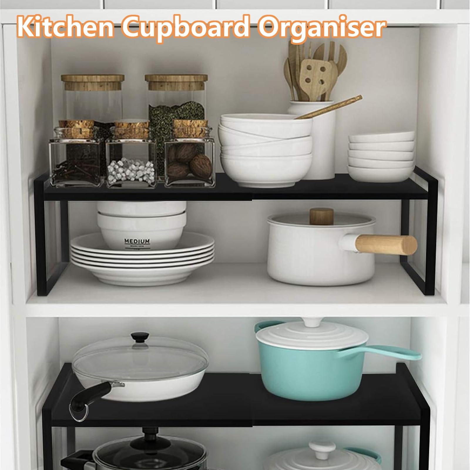 WOPPLXY Erweiterbarer Küchenschrank Organizer, 36-60 x 21 x 18 cm Verstellbarer Küchenregal Arbeitsplatte, Schwarz Metall Regaleinsatz für Küche Theken, Speisekammer und Badezimmer