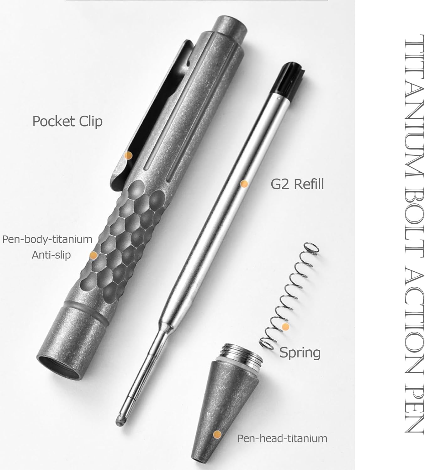 Hamans Titanium Bolt Action Pen 4.61'' with Pocket Clip, Refillable & Anti-slip Ballpoint Writing Signature Pen with 2pcs Refills for Outdoor, Working, Writing (Grey)