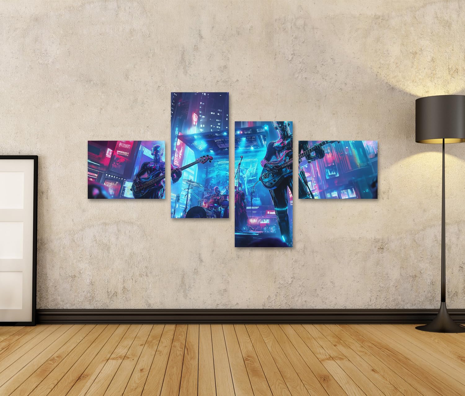 islandburner Prime Quadro su tela, Città del futuro, festival musicale con luci al neon per soggiorno, amanti della musica, negozio di musica, immagini da parete