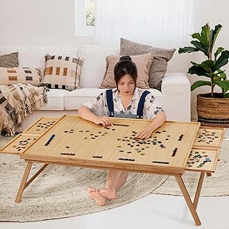 TEAKMAMA 2000 Piece Wooden Jigsaw Folding Puzzle Board, Puzzle Table with Legs and Cover, 41.3” X 27.5” Jigsaw Puzzle Board with 4 Drawers & Cover, Portable Puzzle Tables for Adults - Natural