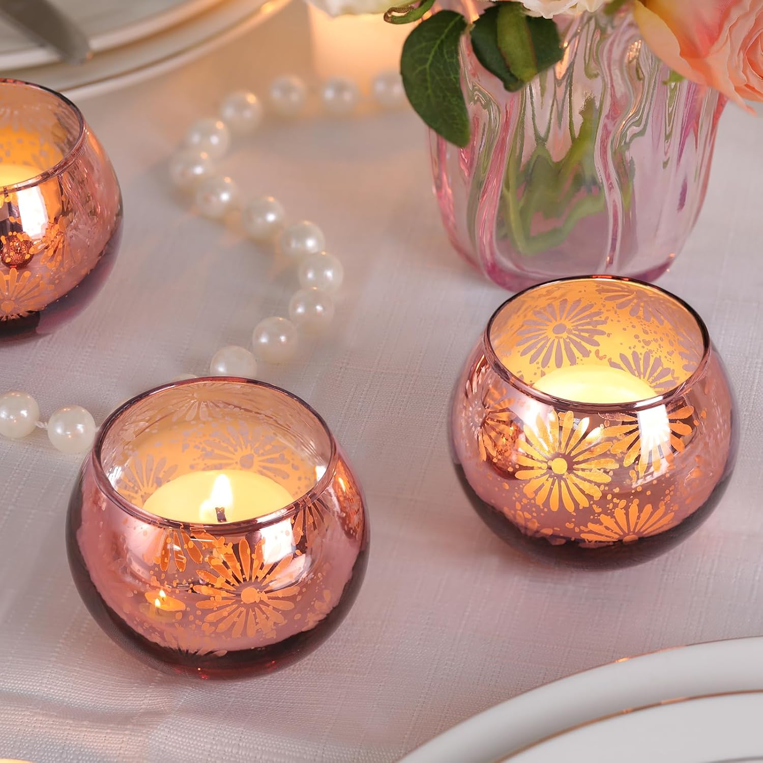Pink Mercury Glass Votive Candle Holders Set of 12, Round Tealight Candle Holders for Table Centerpieces, Weddings, Shower Gifts, Valentine's Day, Mother's Day, Party Decorations