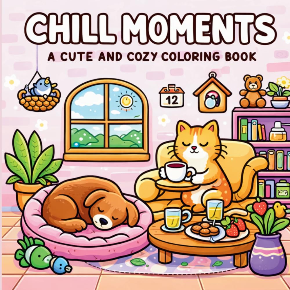 Chill Moments - A Cute and Cozy Coloring Book: Kawaii Animals, Relaxing Scenes & Adorable Interiors for Teens and Adults