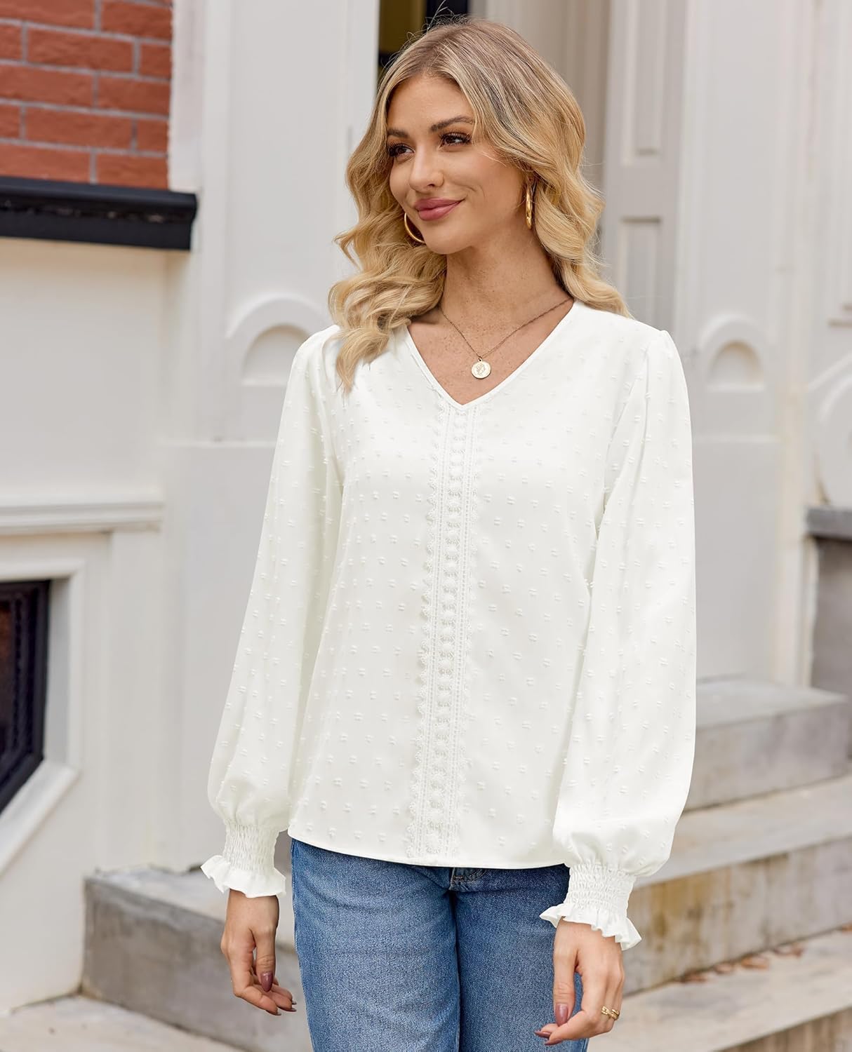 siliteelon Dressy Blouses for Women Long Sleeve Tops for Women V Neck Swiss Dot Business Casual 2026 Spring Holiday Shirts - Image 5