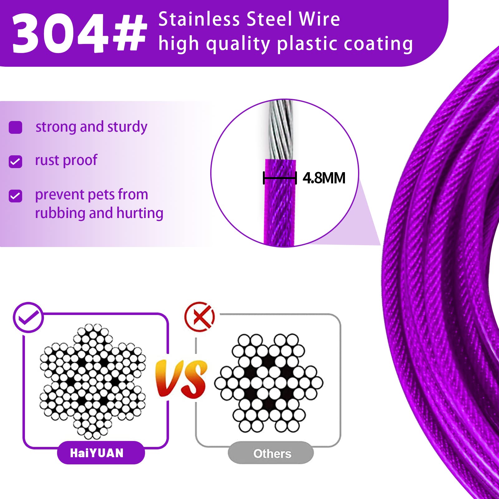 HaiYUAN Dog Tie Out Cable 10/15/20/25/30 FT Dog Runner for Yard Steel Wire Dog Cable with Durable Superior Clips purple Dog Chains for Outside Dog Lead for Large Dogs Up to 165 lbs - Image 3