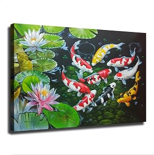 Abstract Nine Red Koi Fish Landscape Lucky Carp Feng Shui Poster Wall Art Prints Painting for Living Room Bedroom Room Aesthetics Decoration (08×12inch Unframed)