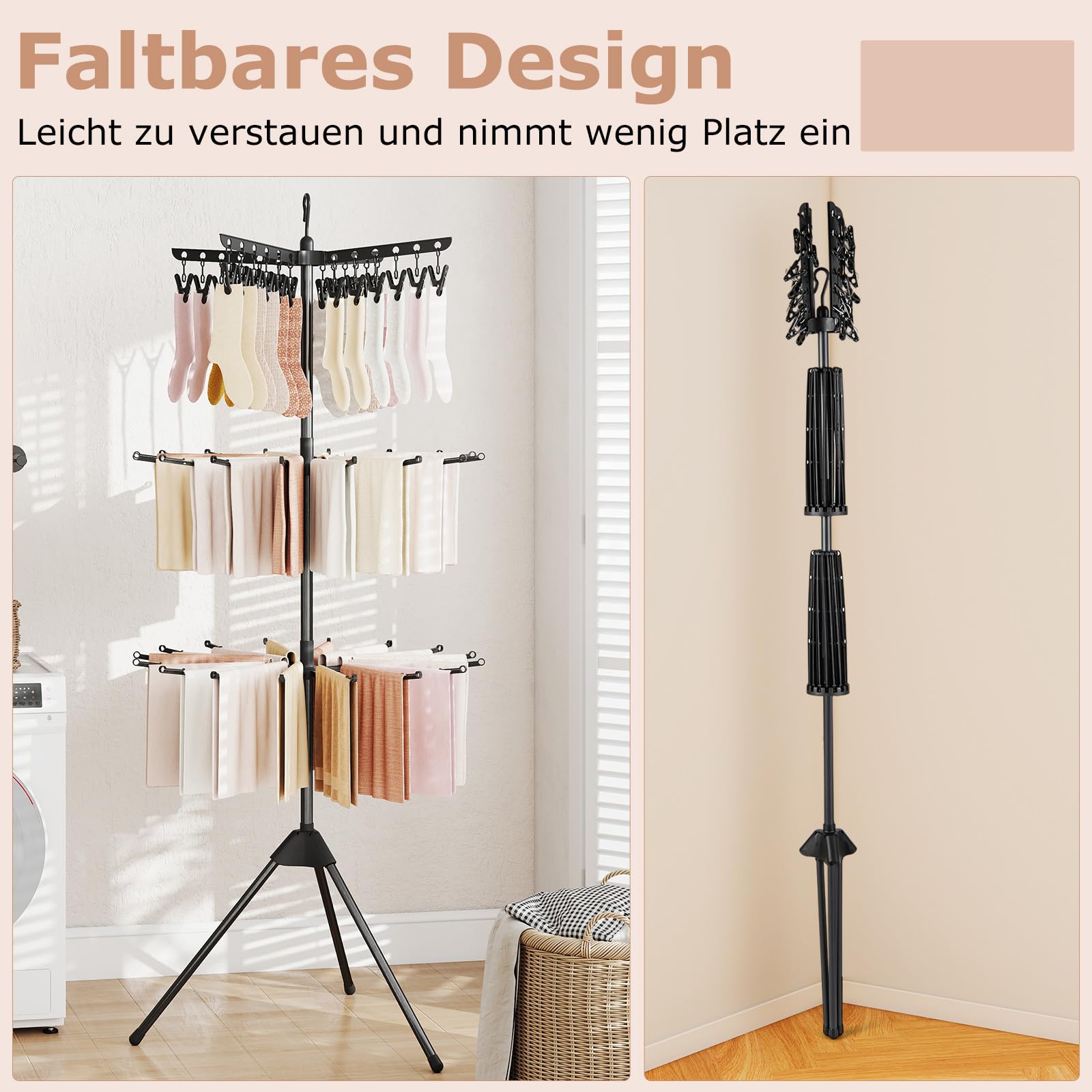 COSTWAY 3-stufiger Wäscheständer klappbar, 178cm freistehender Dreibein-Trockenständer mit 24 Clips & 32 Stangen, platzsparender Handtuchtrockner mit 360° drehbaren Armen, Schwarz