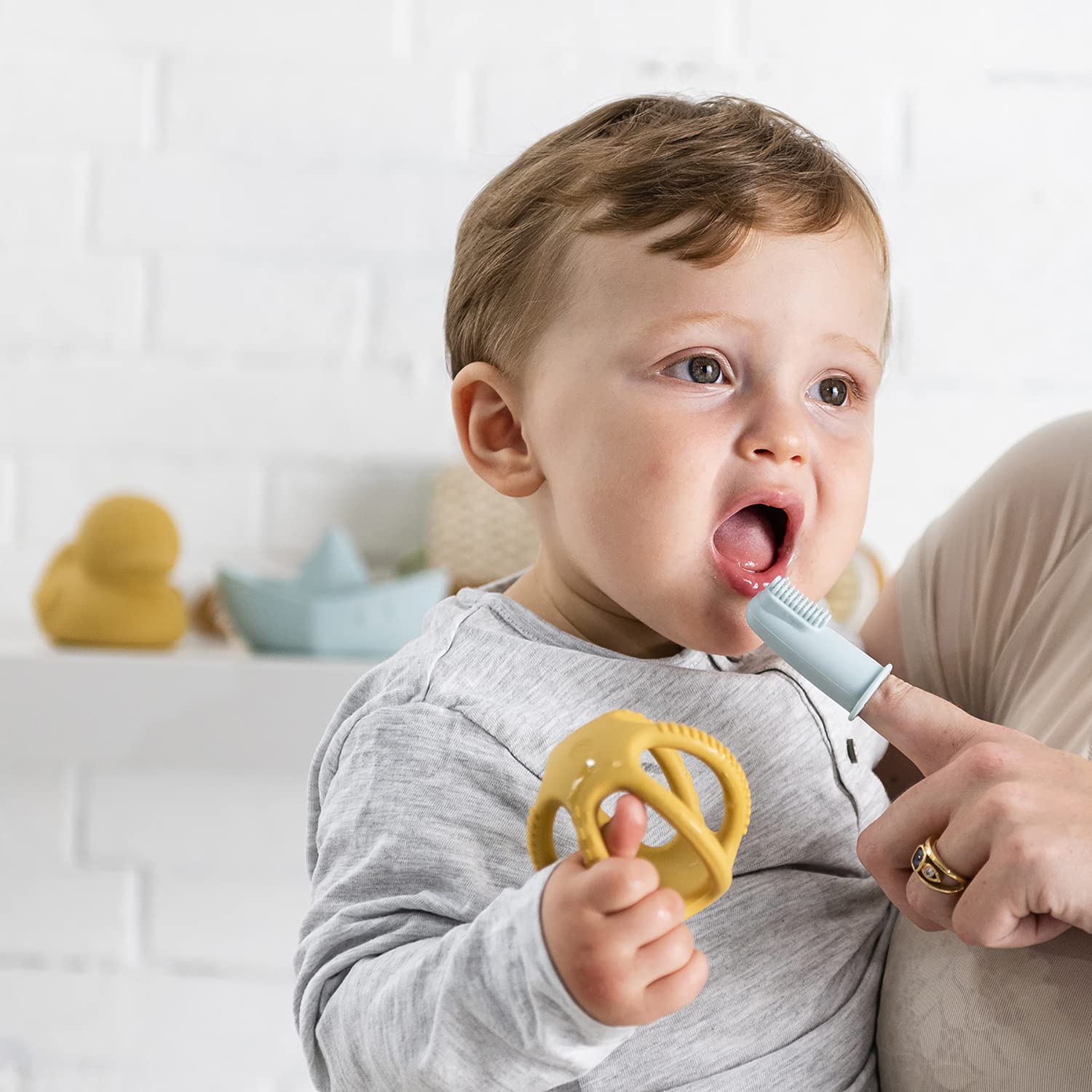 Nattou Set di 2 spazzolini da denti per bambini blu petrolio e blu acqua