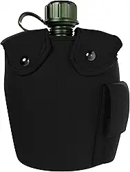 BaHoki Essentials Cantil de alumínio com tampa e copo – Kit de garrafa de água estilo militar – para acampamento ao ar livre, mochilão, caminhada (preto)