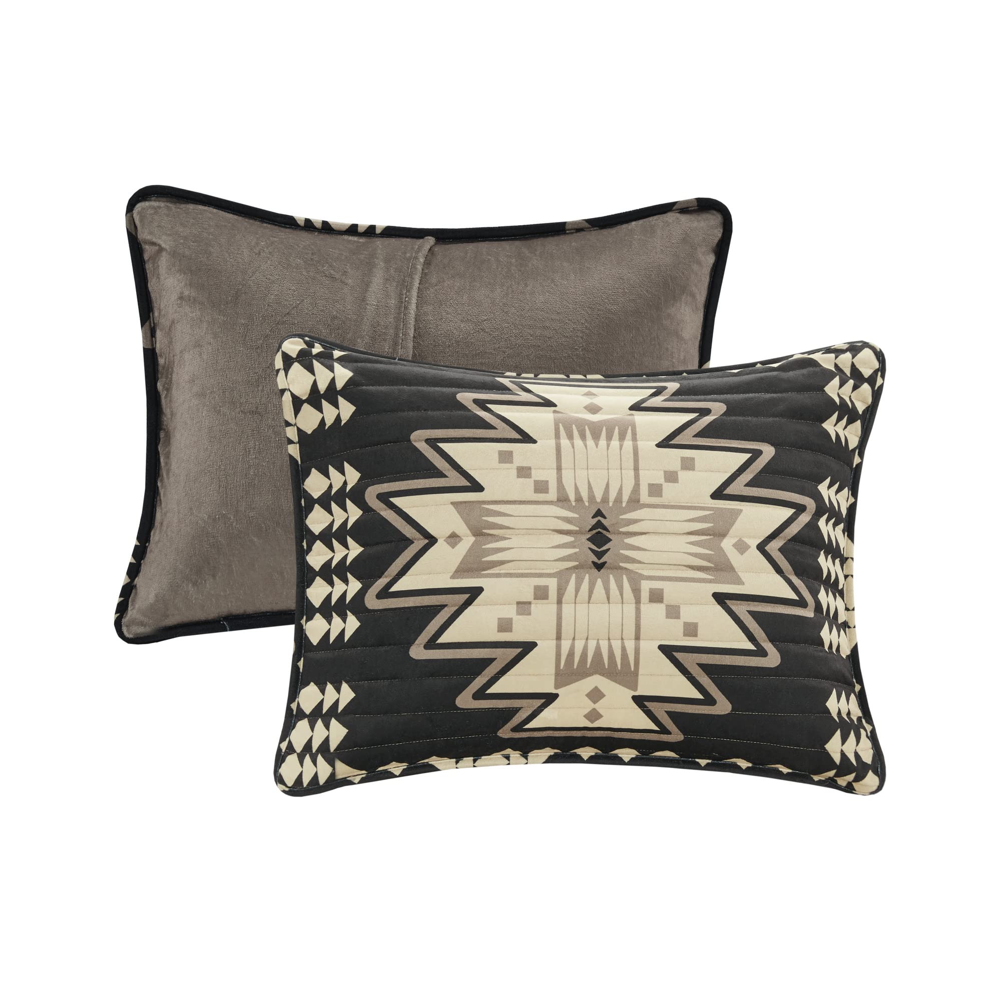 Woolrich Sierra Oversized Quilt Set - Stylish Aztec Southwestern Printed Coverlet and Matching Shams, Cozy Plush Bedding Layer with Solid Color Reverse, Full/Queen Tan/Black 3 Piece