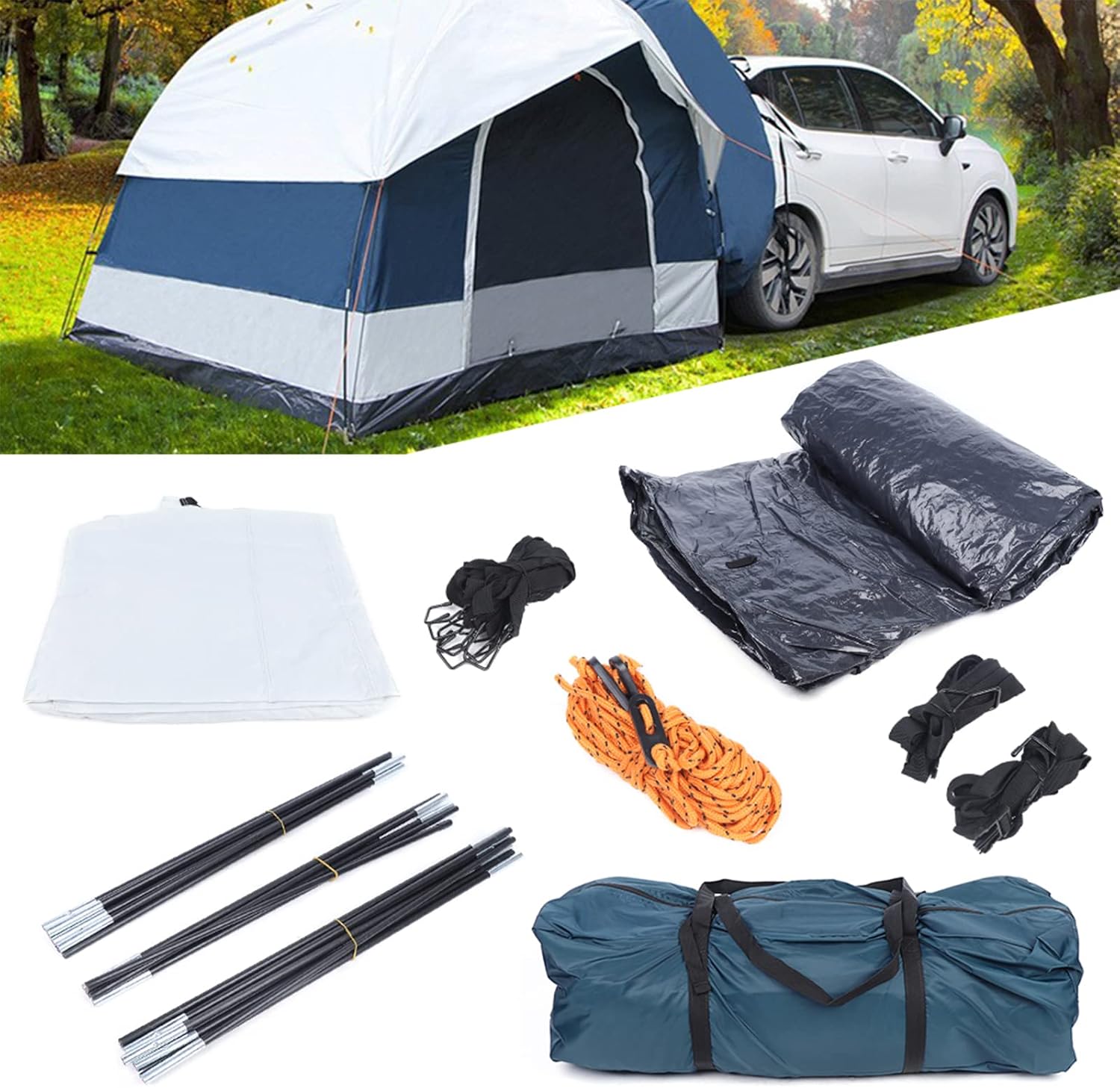 Car Tail Tent, 2 Doors SUV Car Tent, 8.2 x 8.2 x 6.56 Ft Up to 4-Person Sleeping Capacity Travel Camping with Carry Bag, Waterproof & Portable SUV Tailgate Tent for SUV, Car, Truck and Boat