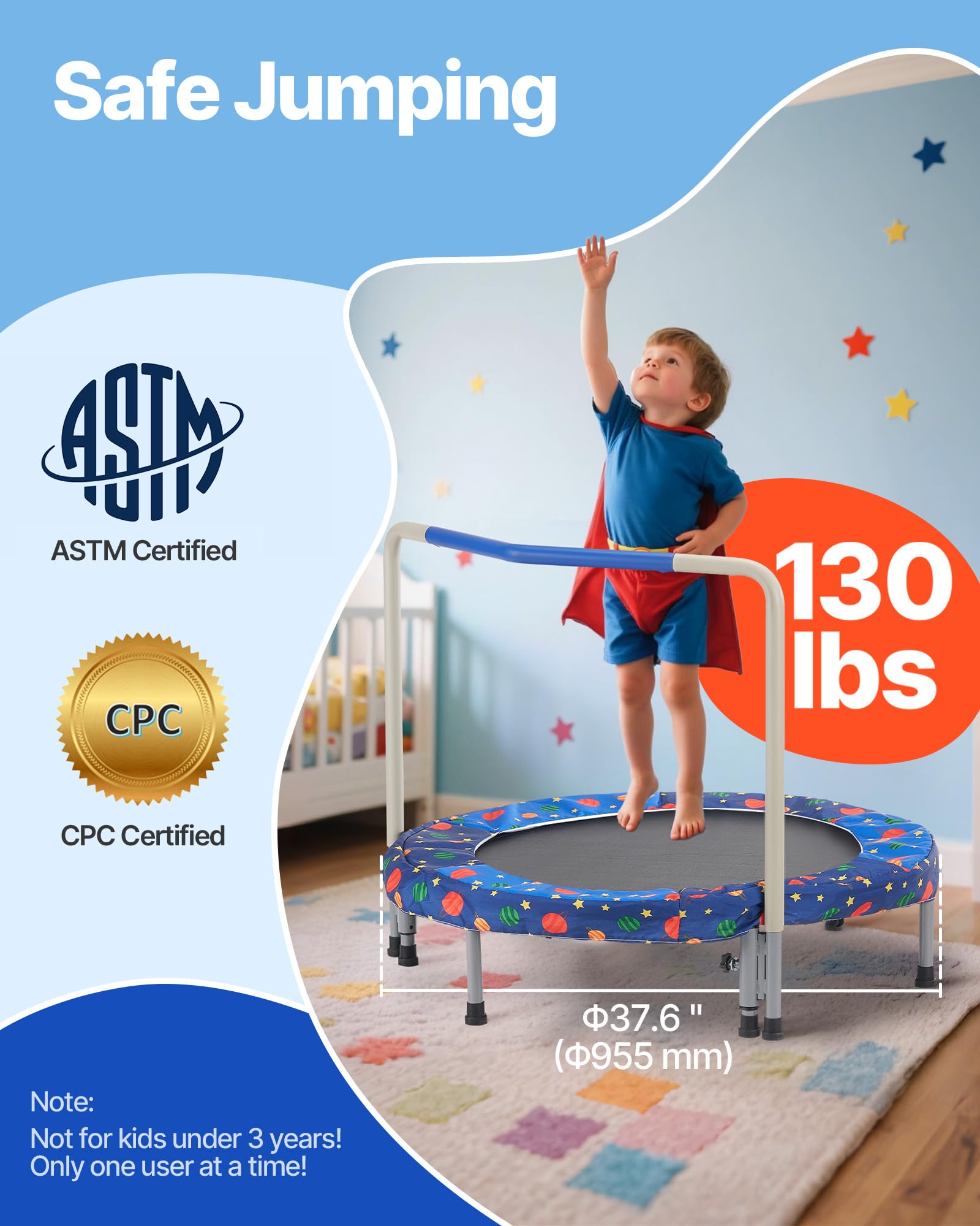 VEVOR Trampolino per bambini da 91,4 cm, 0,9 m, per interni ed esterni, mini trampolino pieghevole con manico, rimbalzo, regalo di compleanno per bambini dai 3 anni in su, ragazzi e ragazze per