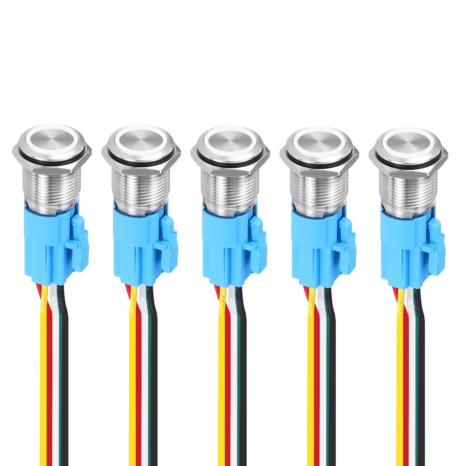 DMiotech 5 Pack 16mm / 5/8" Stainless Steel Latching Push Button Switch Flat Head 5A 12-24V Silver Shell 5 Pin with Cable Socket White Ring LED 1NO1NC for Car Boat Systems Custom Setups