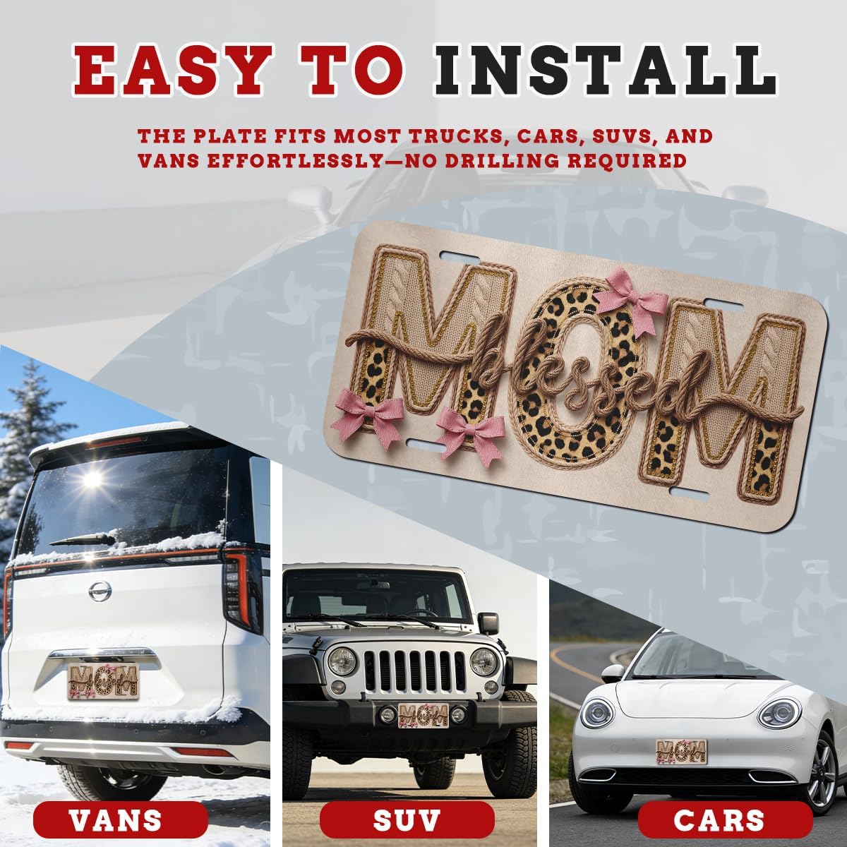 Blessed Mom License Plate Leopard Bow Rustic Aluminum Decorative License Plates Funny Metal Car Plate Novelty Vanity Tag Cover 6"X12" Car Decor Accessory with 4 Holes for Men Women