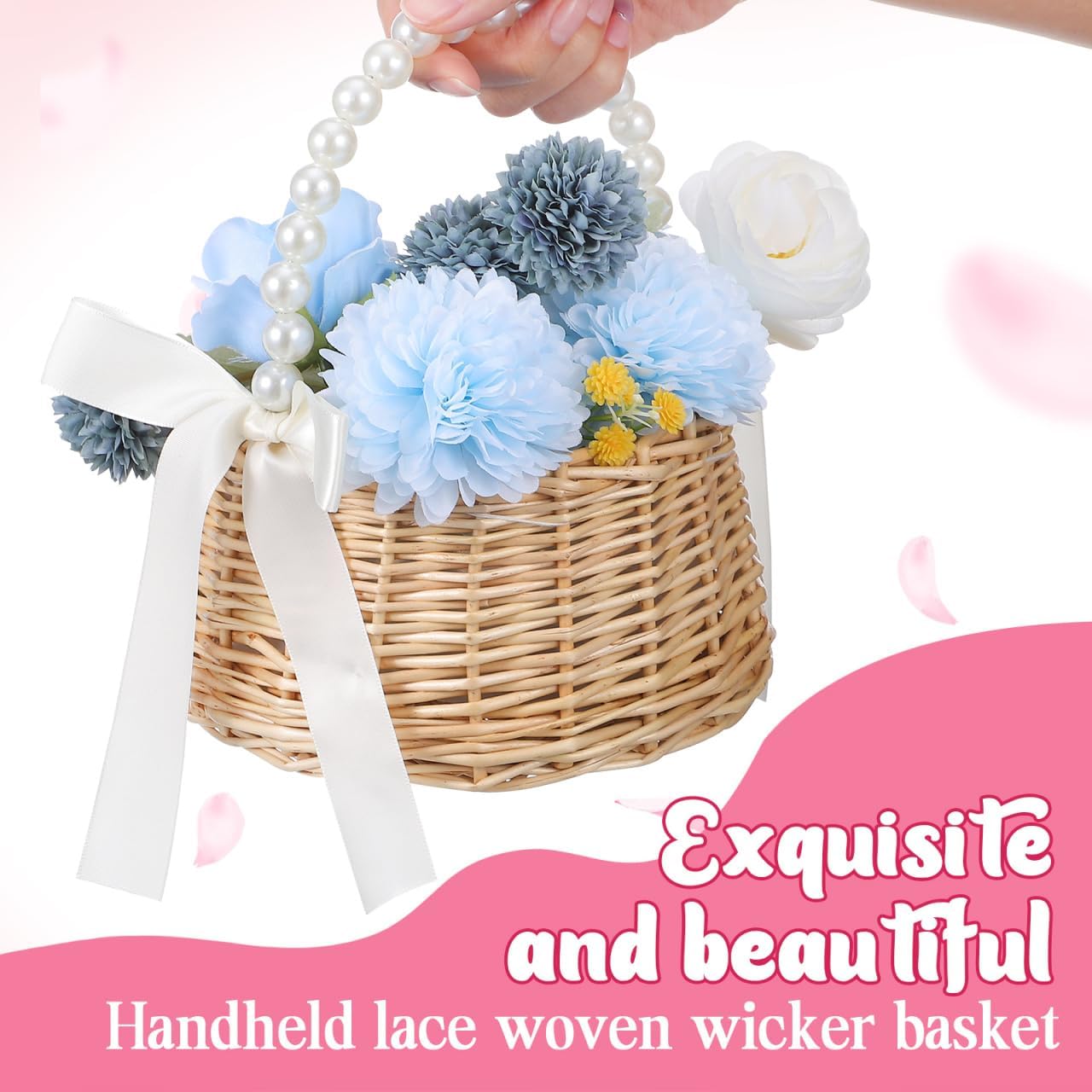 Cabilock Handwoven Rattan Flower Girl Basket with Lace Detail and Comfortable Handle Includes Elegant Floral Headband for Weddings Gift Presentation and Party Decoration 6.69X6.69X3.74 Inch