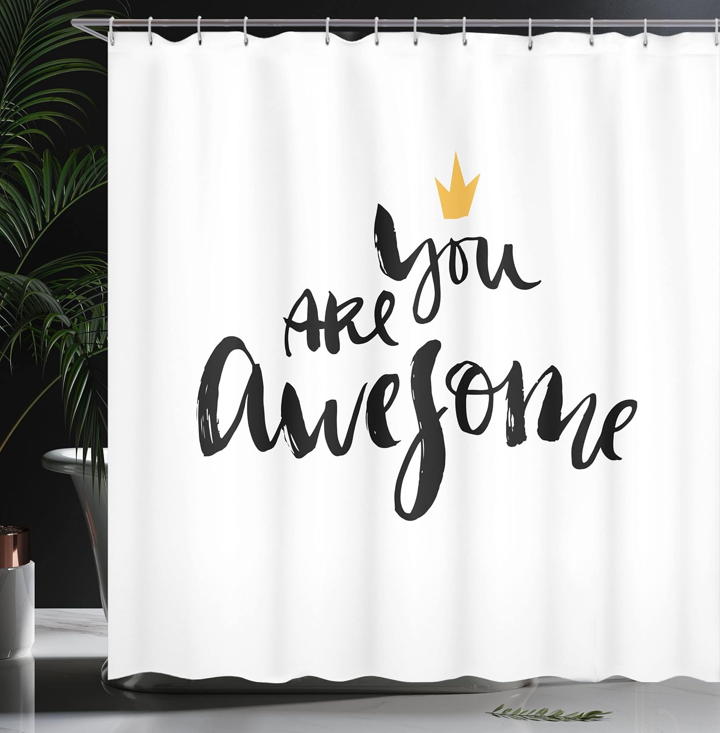 Ambesonne Modern Shower Curtain, You are Calligraphy with a Crown Modern Love Optimist Art Print, Cloth Fabric Bathroom Decor Set with Hooks, 69" W x 75" L, Yellow Black