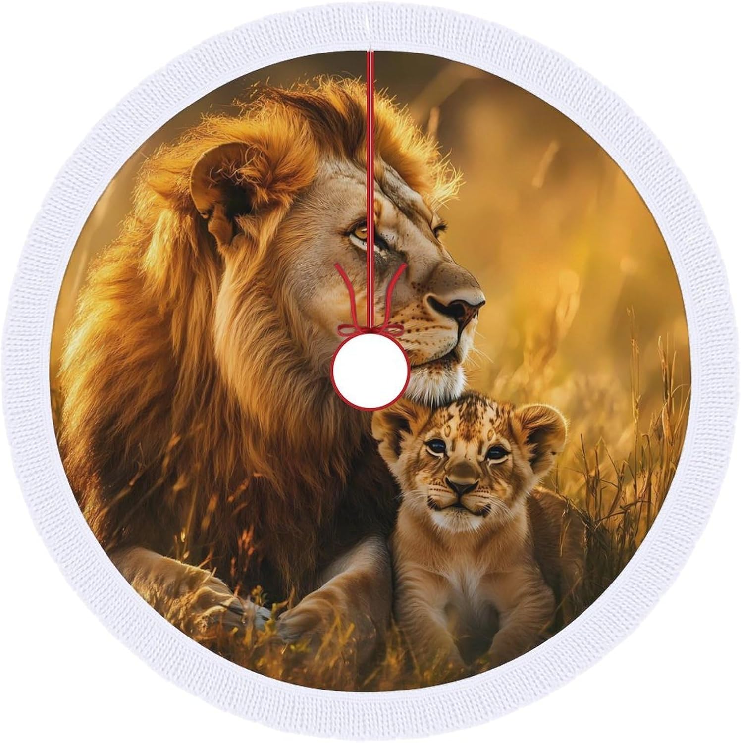 Lion Family Print Animal Christmas Tree Skirt Round Xmas Tree Mat Ornaments Tree Skirts with Tassels for Holiday Party