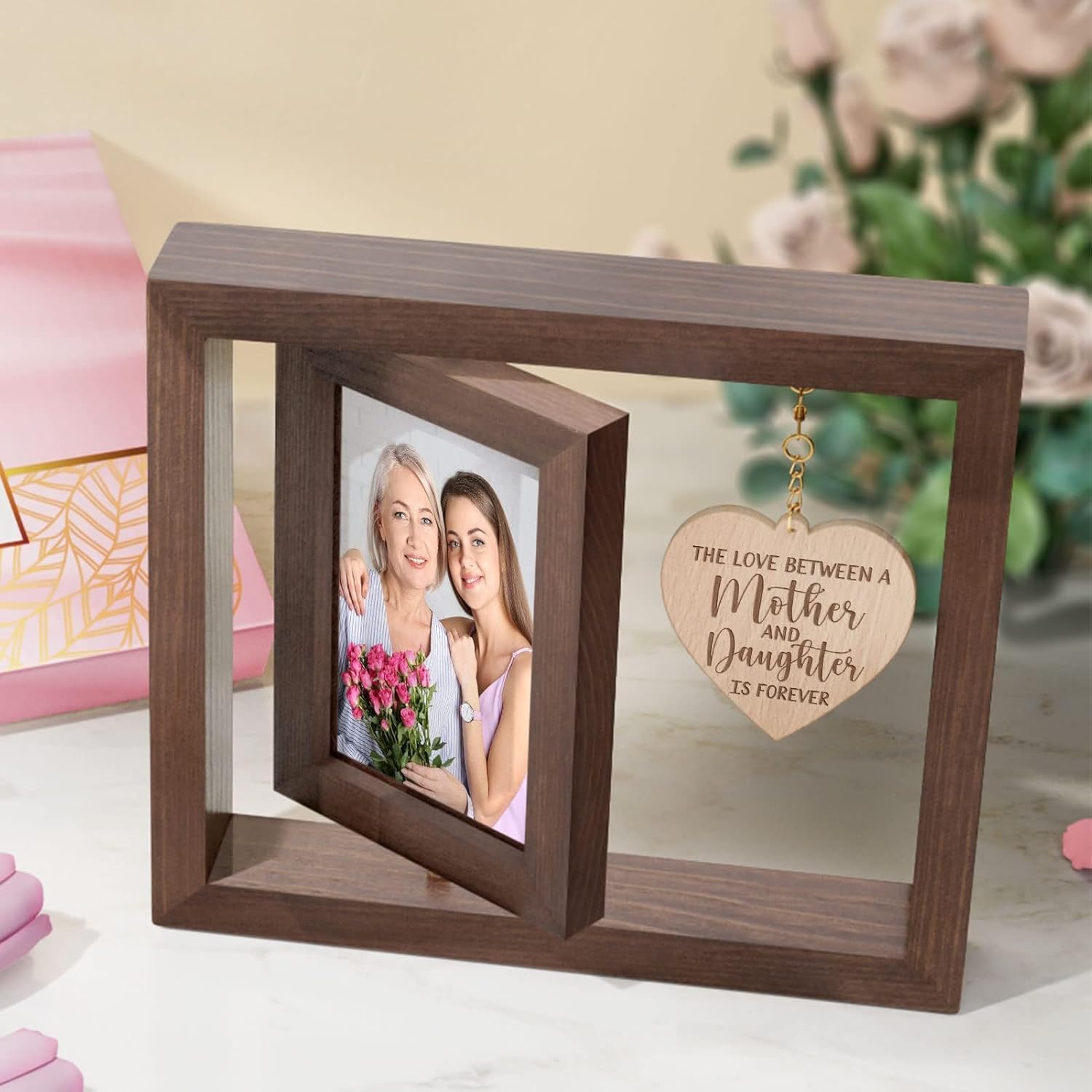 Tiblue Christmas Mom Gifts From Daughter Son Unique, Rotating Picture Frame for 4x6 Photo with Warm Heart Pendant for Mother-In-Law Women Wife, Wood Birthday Gift Mom Picture Frame New Mama Gifts - Image 8