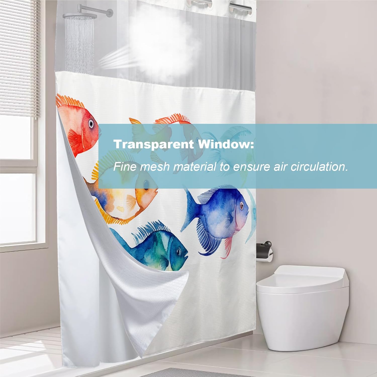 Colorful Fish Shower Curtain for Bathroom, Waterproof Boho Waffle Shower Curtain with Snap in Fabric Liner Set, Heavy Duty Fabric Bath Curtains for Hotel Spa Luxury Polyester, 72Wx74H, No Hook